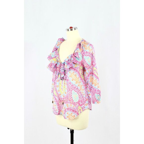 LAUREN RALPH LAUREN Pink Paisley Cotton Voile V-Neck Ruffle Blouse, Size M - Picture 4 of 16